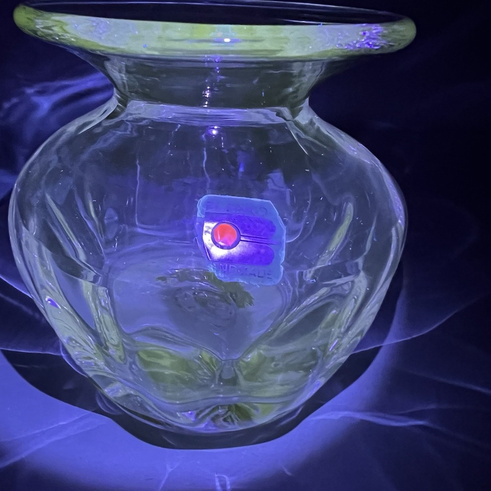 Blenko Vintage Hand Blown Art Glass Wide Rim Ribbed Vase - UV 365 Reactive - MCM